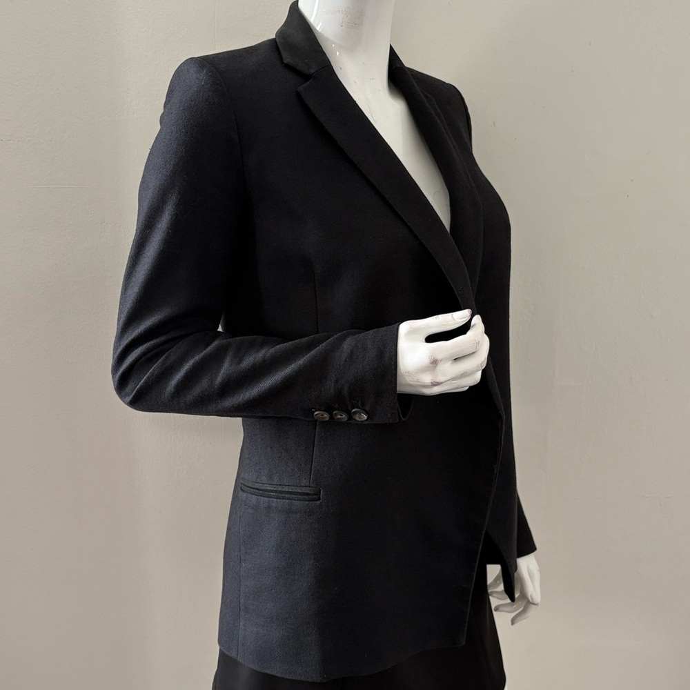 Helmut Lang Classic Black Linen Corporate Goth Office Siren Blazer Leather Lapel - Picture 2 of 9